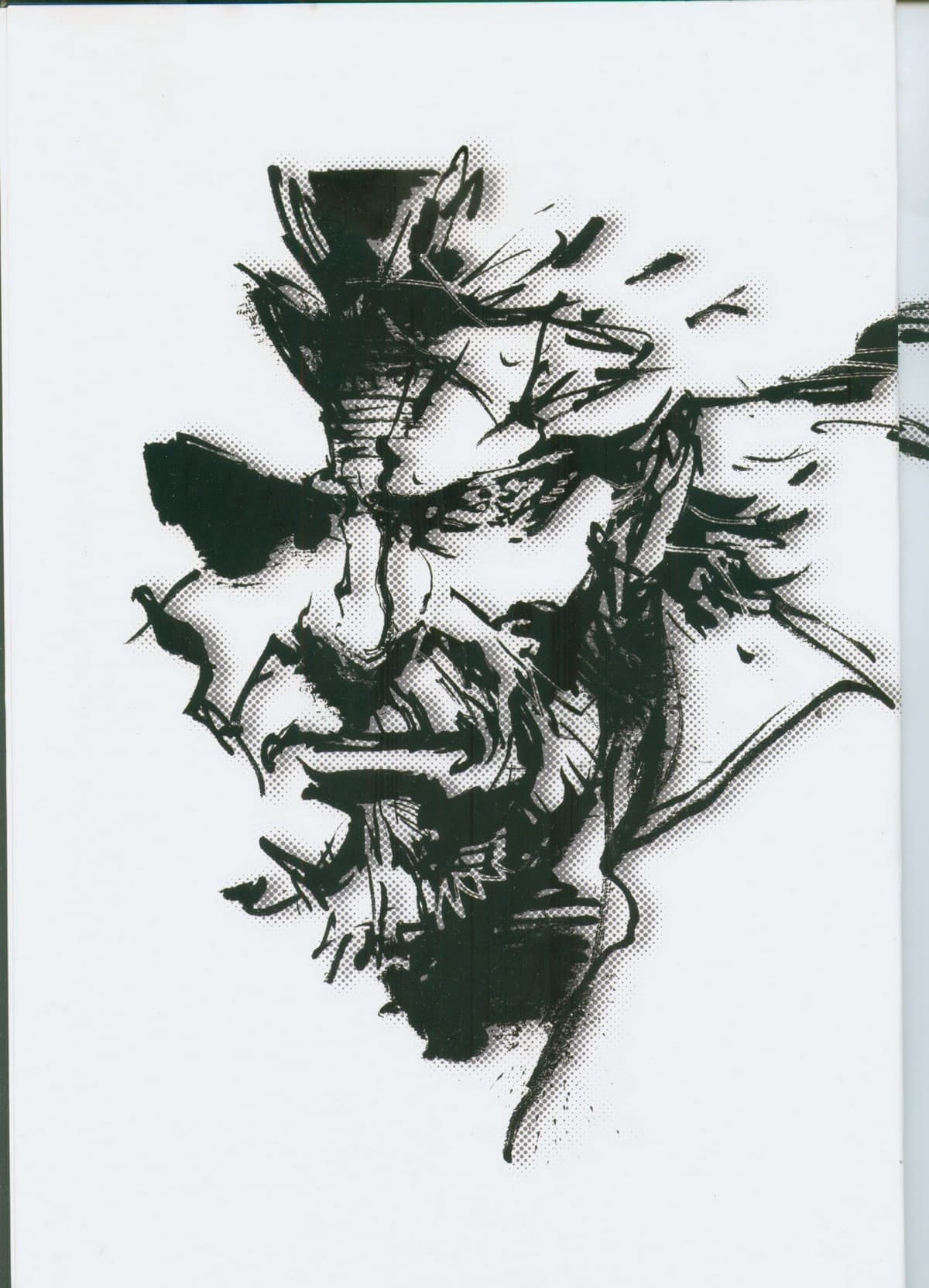 Rostro masculino resuelto con brochazos de tinta negra sobre papel blanco: las cejas, la barba y el parche del ojo apenas se insinúan entre salpicaduras.