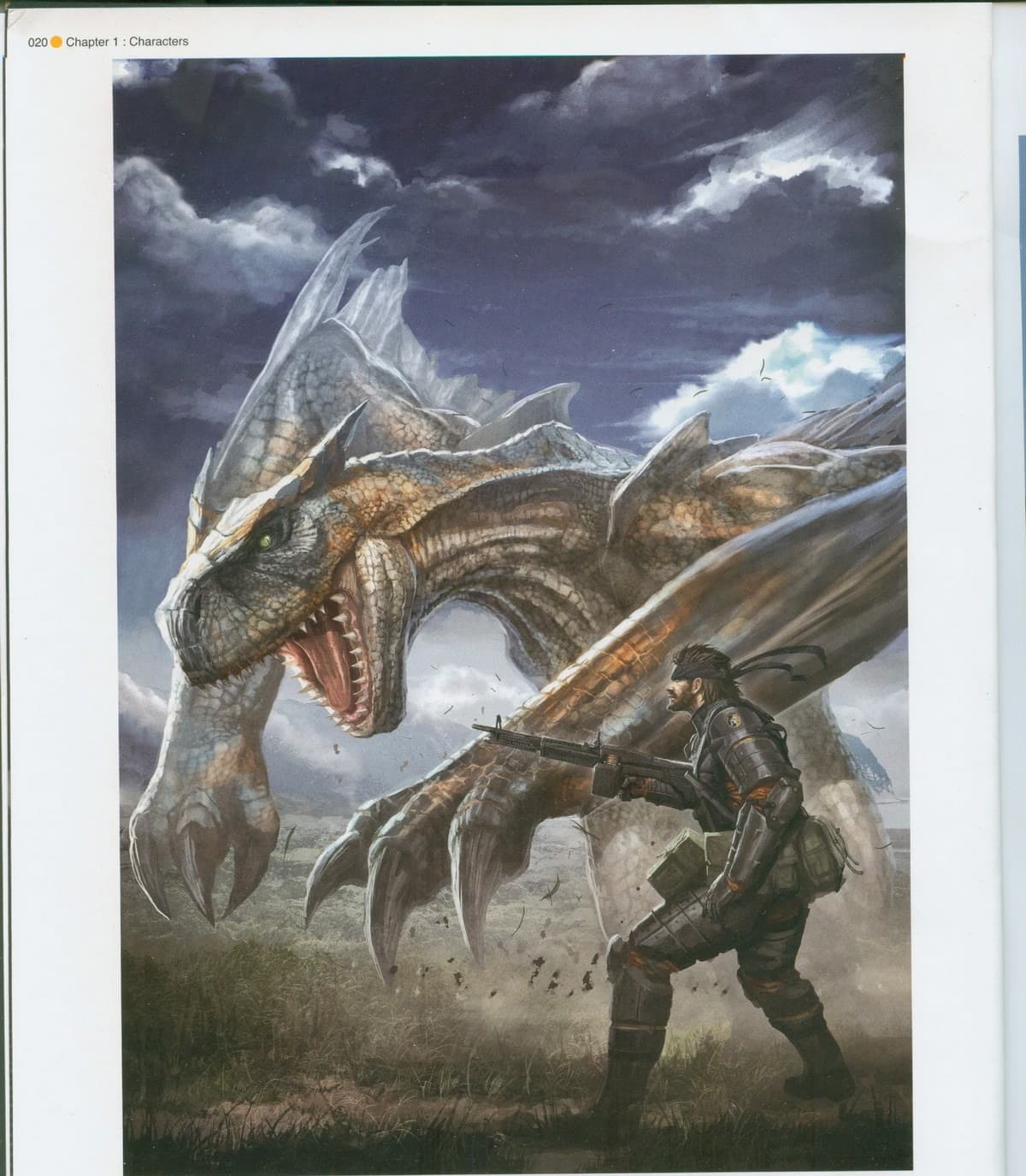 Pintura en la que un soldado se enfrenta con una espada enorme a un dragón alado que ruge, entre hierba alta y bajo un cielo de nubes tormentosas.