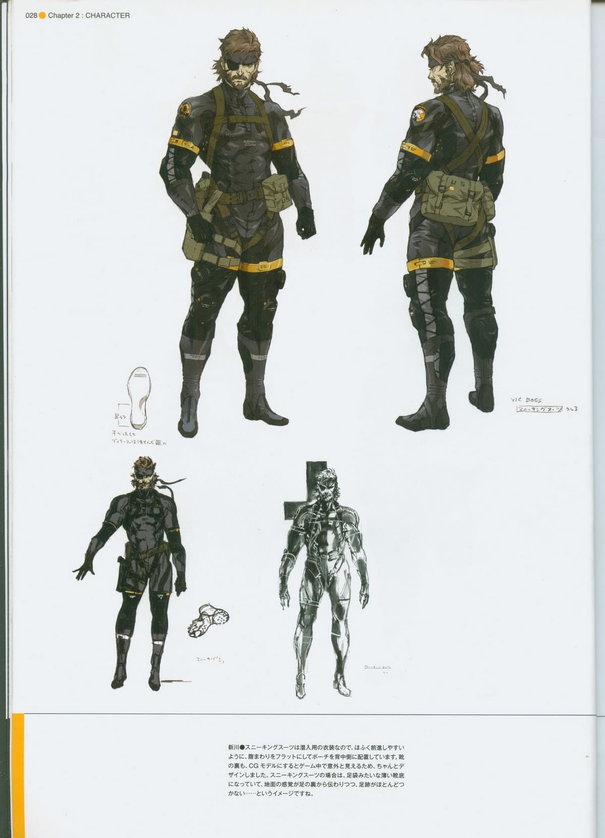 Snake de frente y de espaldas con uniforme oscuro de ribetes amarillos y mochila; debajo, dos versiones del mismo personaje con traje de sigilo ceñido.