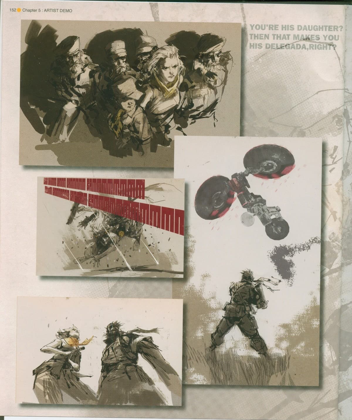 Collage de láminas superpuestas en tinta y tonos sepia: un racimo de rostros de los protagonistas, un vehículo de tres ruedas y varias figuras de soldados en acción.