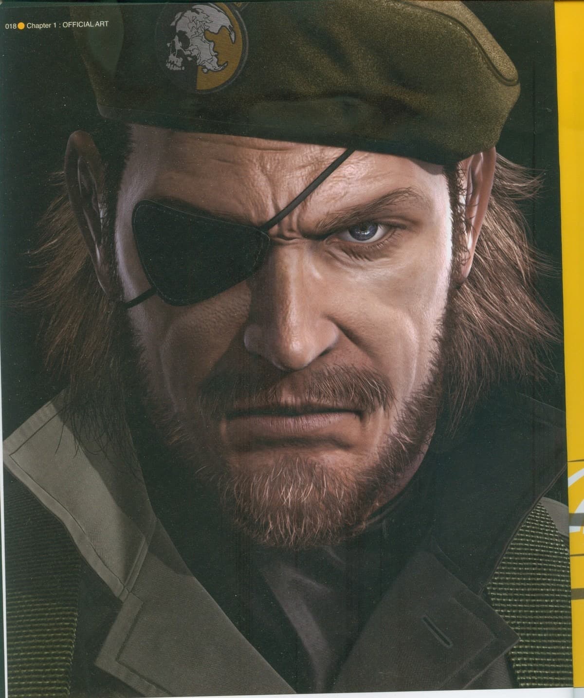 Retrato en primer plano de Big Boss: barba, boina verde con el emblema de MSF y parche negro sobre el ojo derecho.
