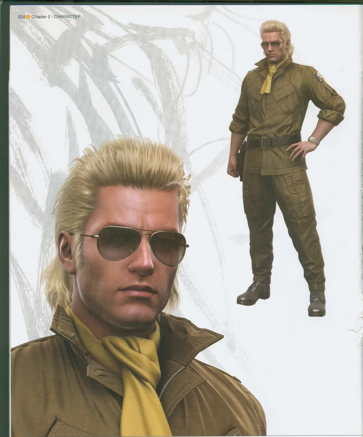Kazuhira Miller en primer plano y de cuerpo entero, con lentes de aviador, pelo rubio y pañuelo amarillo sobre uniforme verde oliva.
