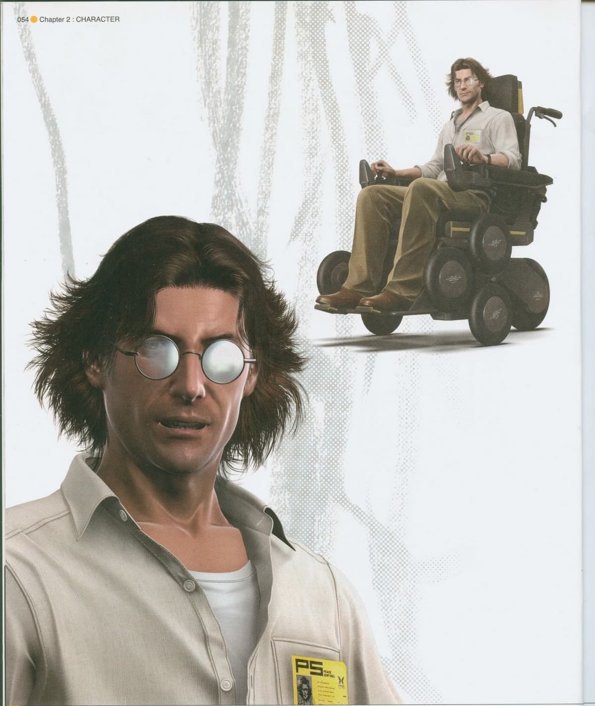 Huey Emmerich en primer plano y sentado en su silla de ruedas motorizada, con anteojos redondos, pelo largo y camisa clara con credencial.