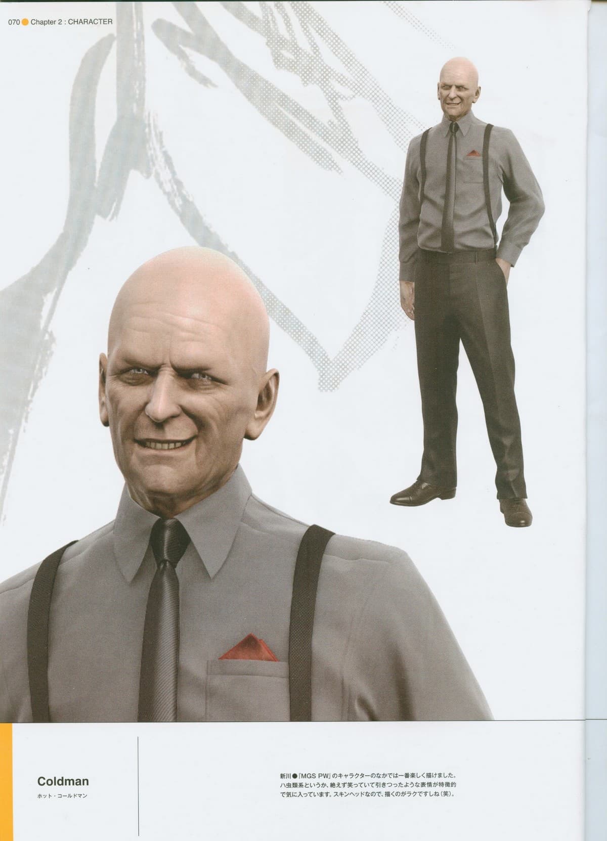 Hot Coldman en primer plano y de cuerpo entero: calvo, con camisa gris, corbata, tirantes y un pañuelo rojo en el bolsillo.